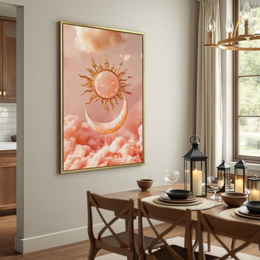 Celestial Canvas Print featuring a sun and moon over fluffy clouds, in a dreamy, warm peach and gold color palette. Perfect wall art!