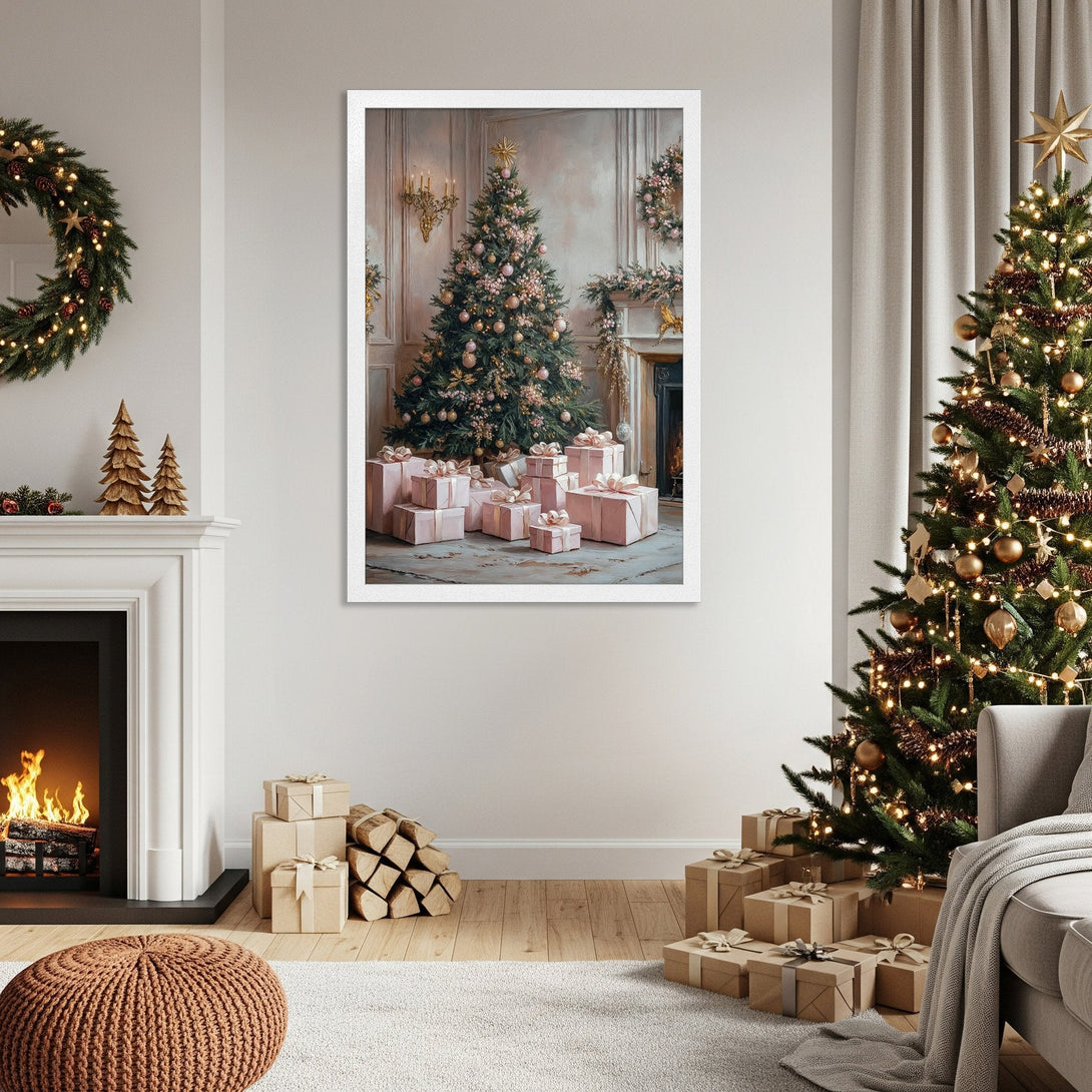 Framed Poster featuring a cozy Christmas scene with a tree, gifts, and fireplace. Soft, pastel color palette.