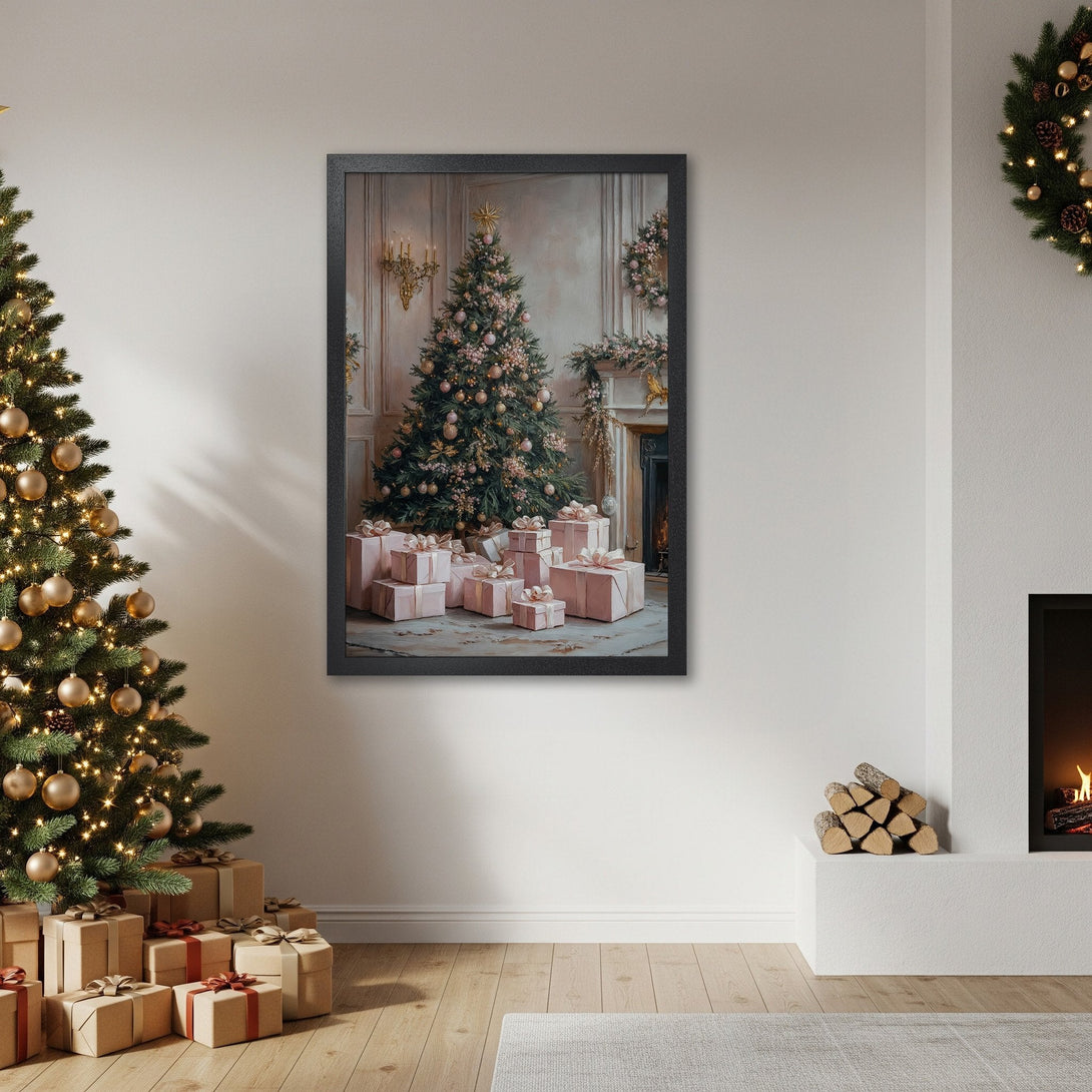Framed Poster featuring a Christmas scene with a tree, gifts, and a fireplace. Soft, elegant style with a pastel color palette.