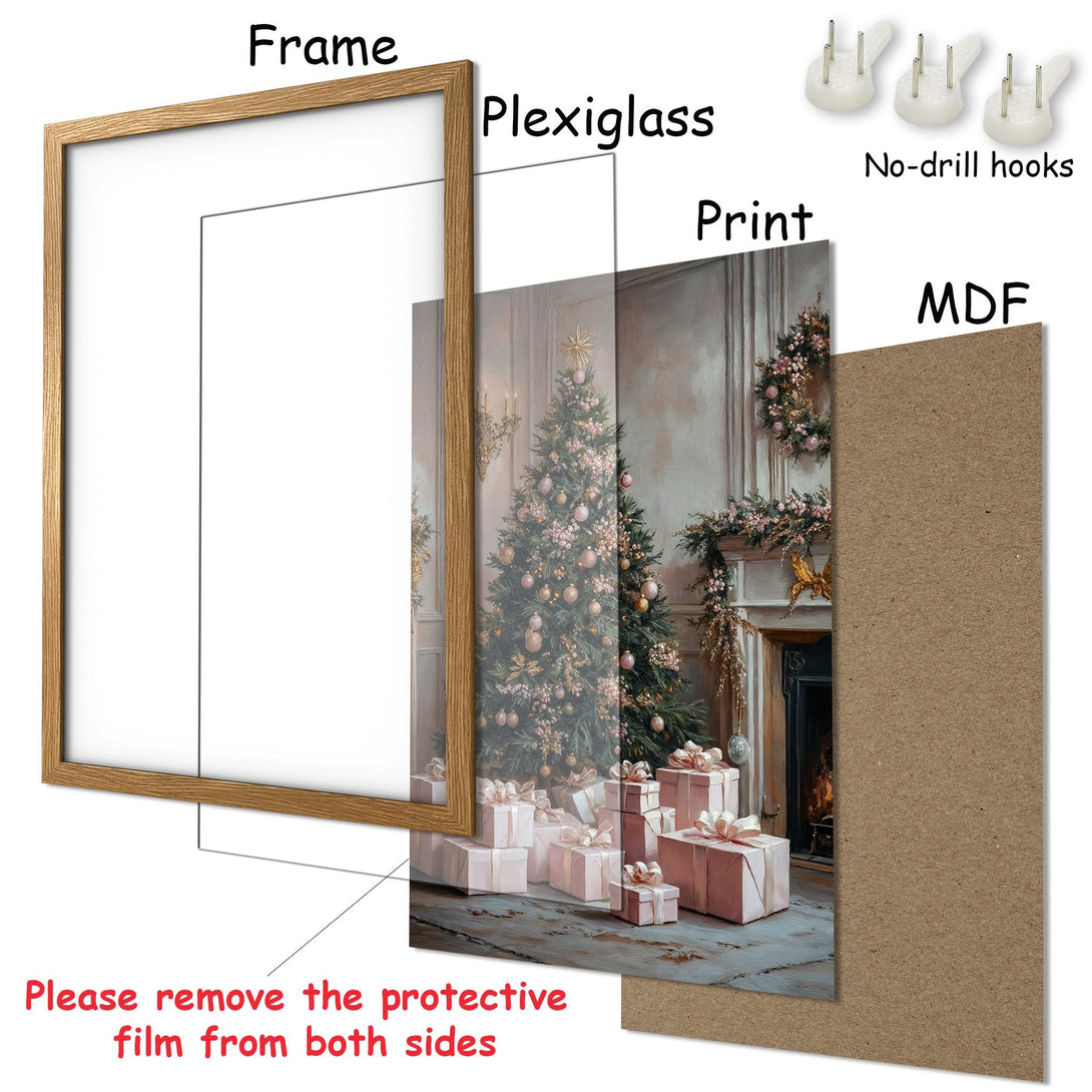 Framed Poster featuring a Christmas tree, soft colors, and a cozy, elegant style. Perfect holiday decor!