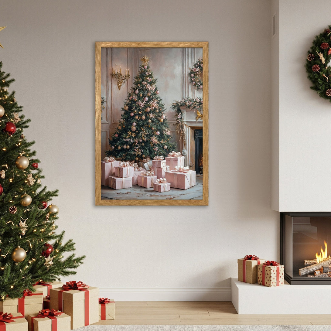Framed Poster featuring a Christmas tree and gifts in a soft, pastel color palette. Elegant holiday decor.