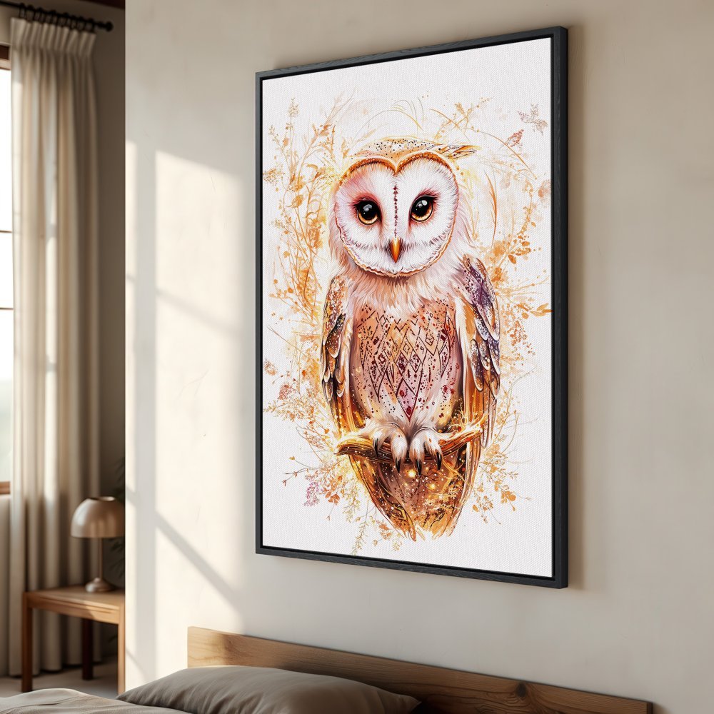 Framed Wall Art: Watercolor owl print in warm orange and white tones. Add a touch of nature and elegance to your home decor.