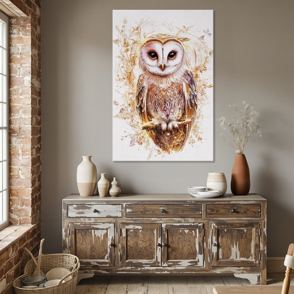 Framed Wall Art: Watercolor owl print in warm earth tones. Add a touch of nature and elegance to your dining room with this stunning canvas print.