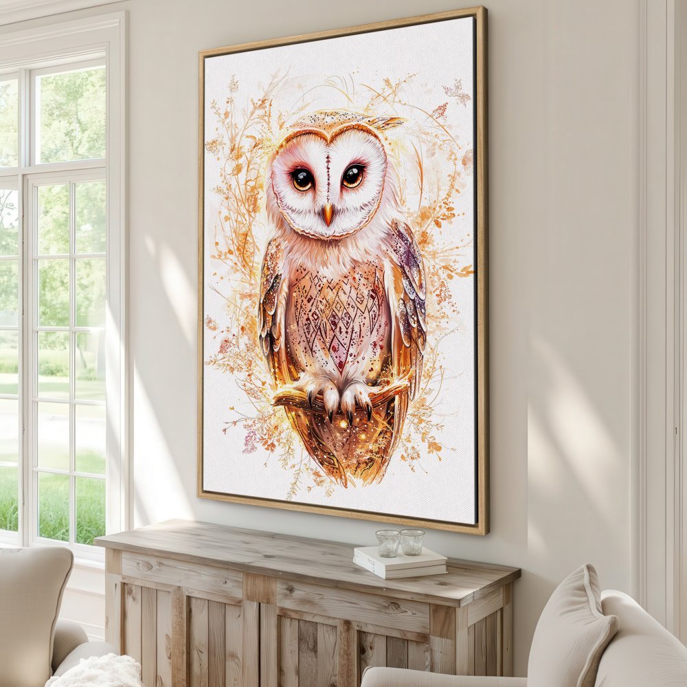 Framed Wall Art: Majestic owl canvas print in warm, earthy tones. Perfect for adding a touch of nature and boho style to your home decor.
