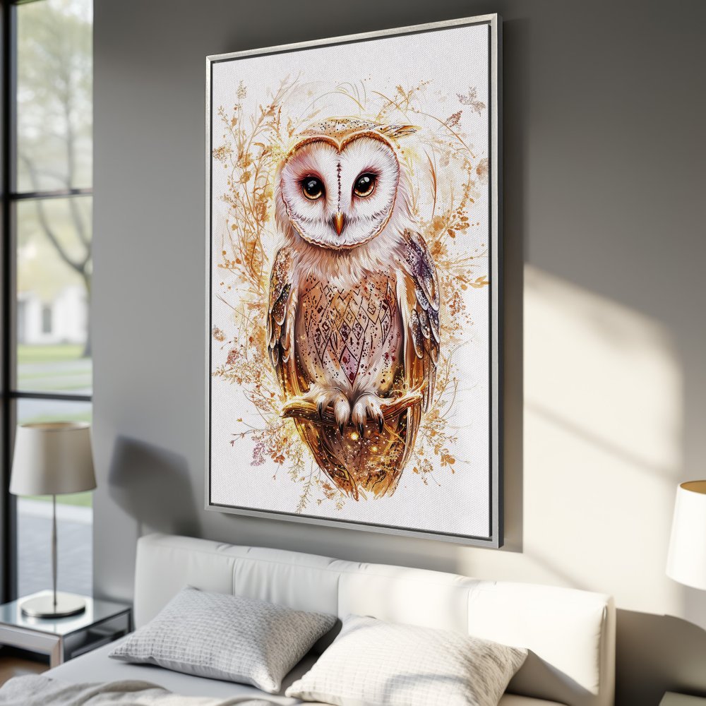 Framed Wall Art: Majestic owl canvas print in warm gold and white tones. Perfect for adding an elegant touch to your bedroom decor. Shop now!