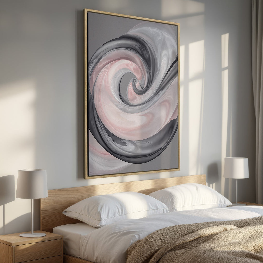 Framed Wall Art: Abstract swirl design in gray, pink, and black. Modern art canvas print adds a touch of elegance to any bedroom decor.