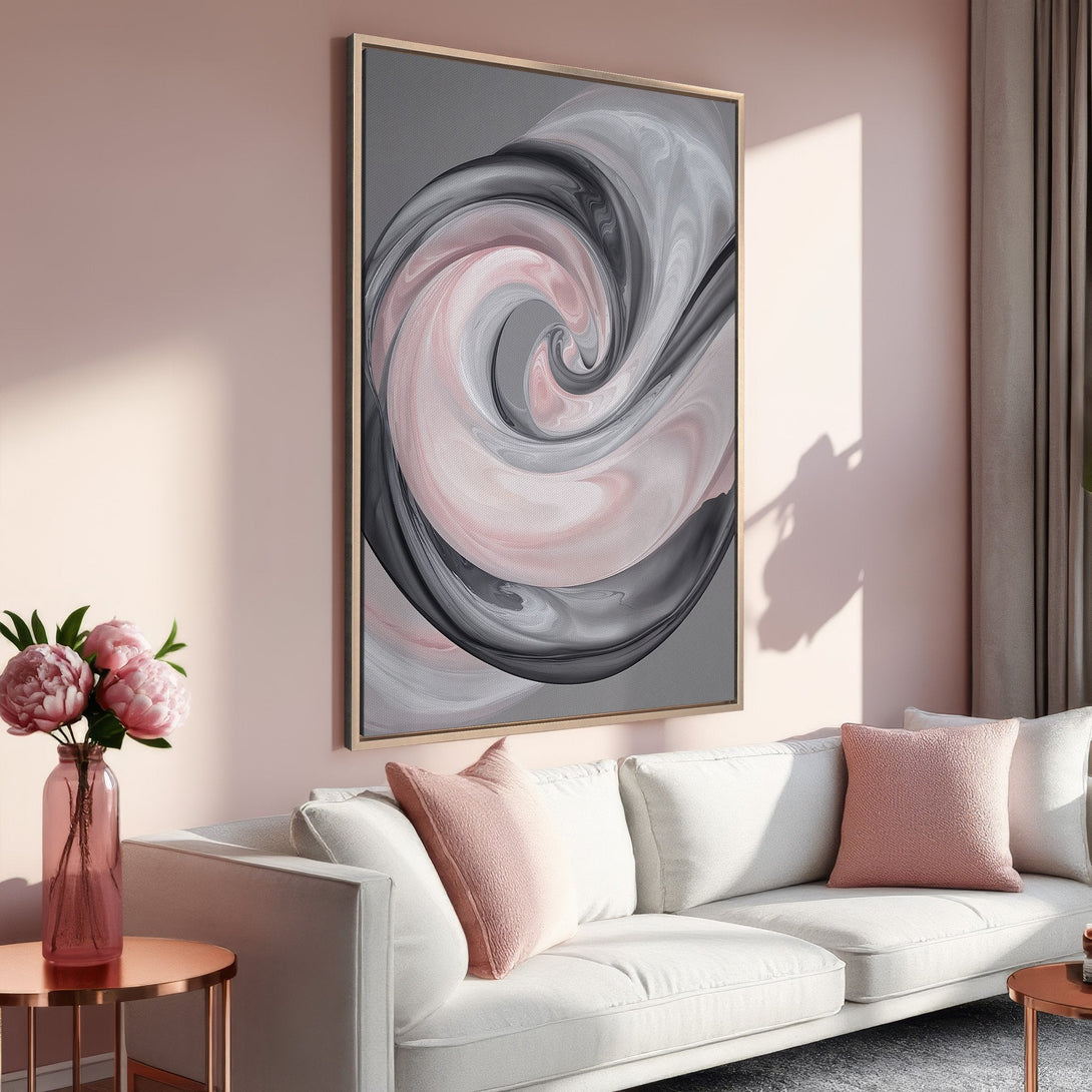 Framed Wall Art: Abstract swirl design in pink, gray, and white. Modern art canvas print adds a touch of elegance to any living room.
