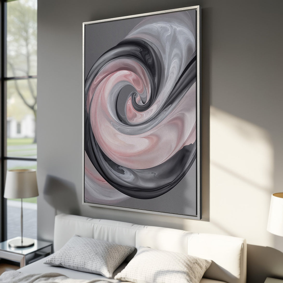 Framed Wall Art featuring an abstract swirl design in pink, gray, and black. Modern art canvas print perfect for bedroom decor.