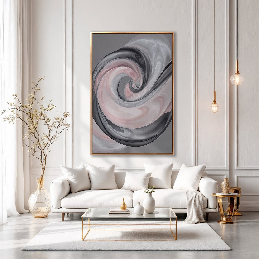 Framed Wall Art: Abstract swirl in gray, pink, & black. Modern canvas print adds elegance to living room. Shop now for stylish home decor!