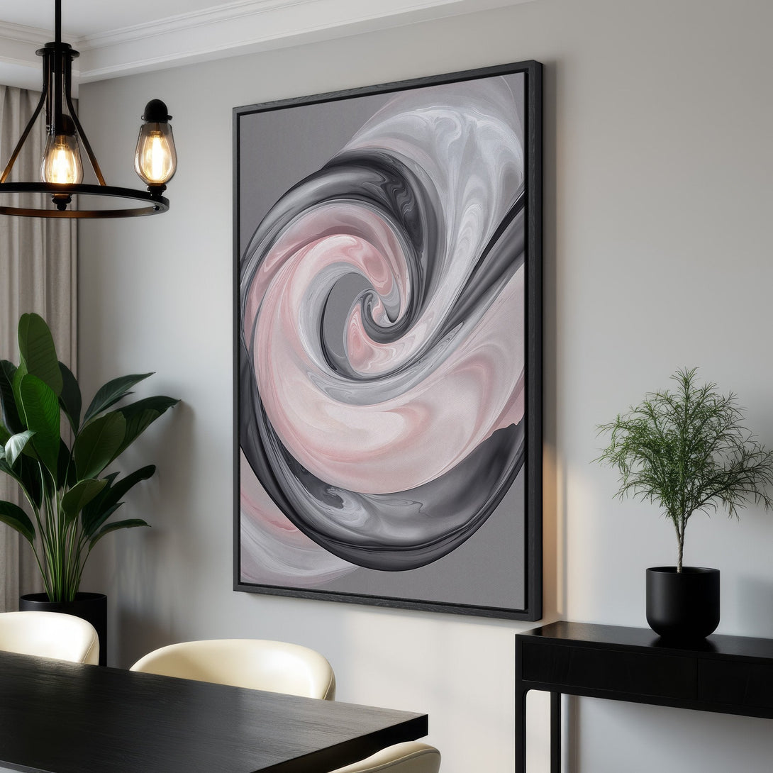 Framed Wall Art: Abstract swirl design in pink, gray, and black. Modern canvas print adds a touch of elegance to any interior space. Shop now!
