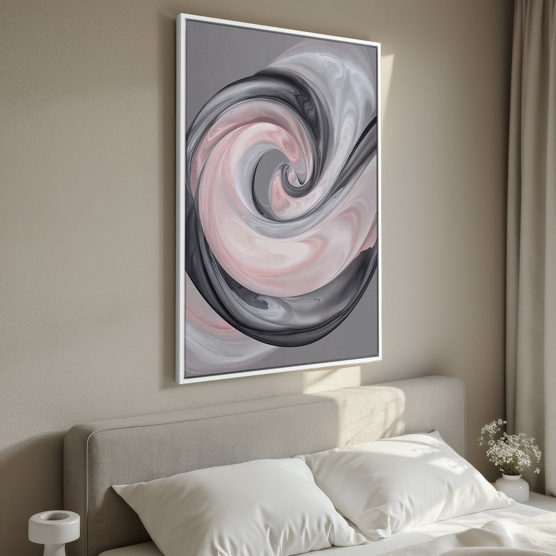Framed Wall Art featuring abstract swirl design in pink, gray, and black. Modern canvas print for bedroom decor.