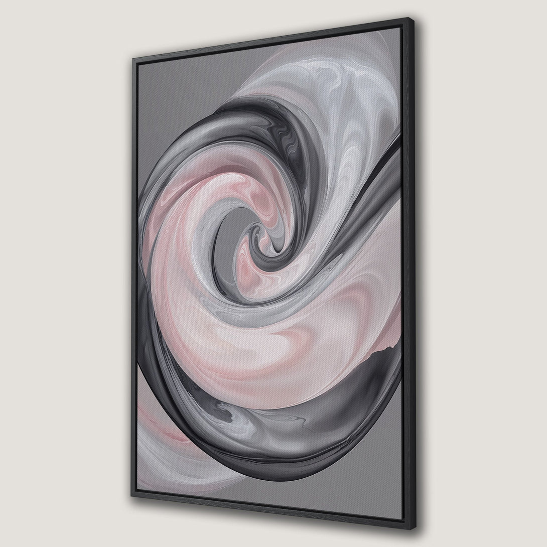 Framed Wall Art featuring an abstract swirl design in pink, gray, and black. Modern art for your home decor.