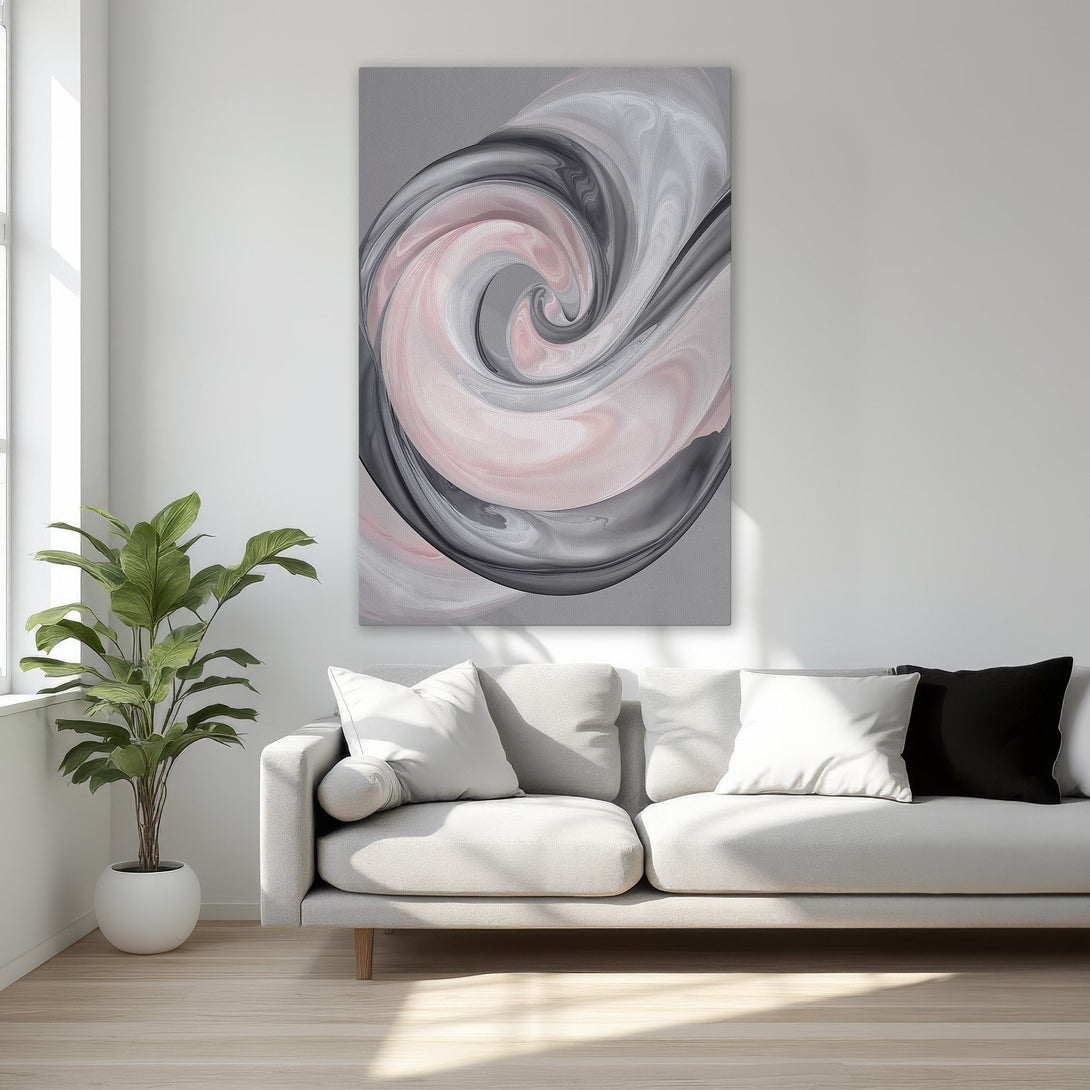 Framed Wall Art featuring an abstract swirl design in pink, gray, and white. Modern art for elegant home decor. Shop now!