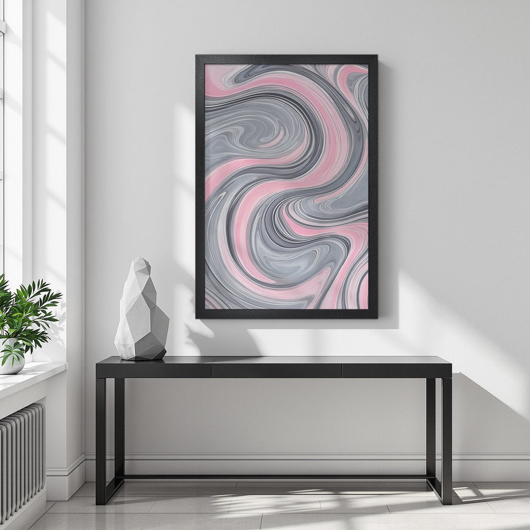 Framed Poster featuring abstract swirling art in pink and gray, perfect wall decor for modern interiors.