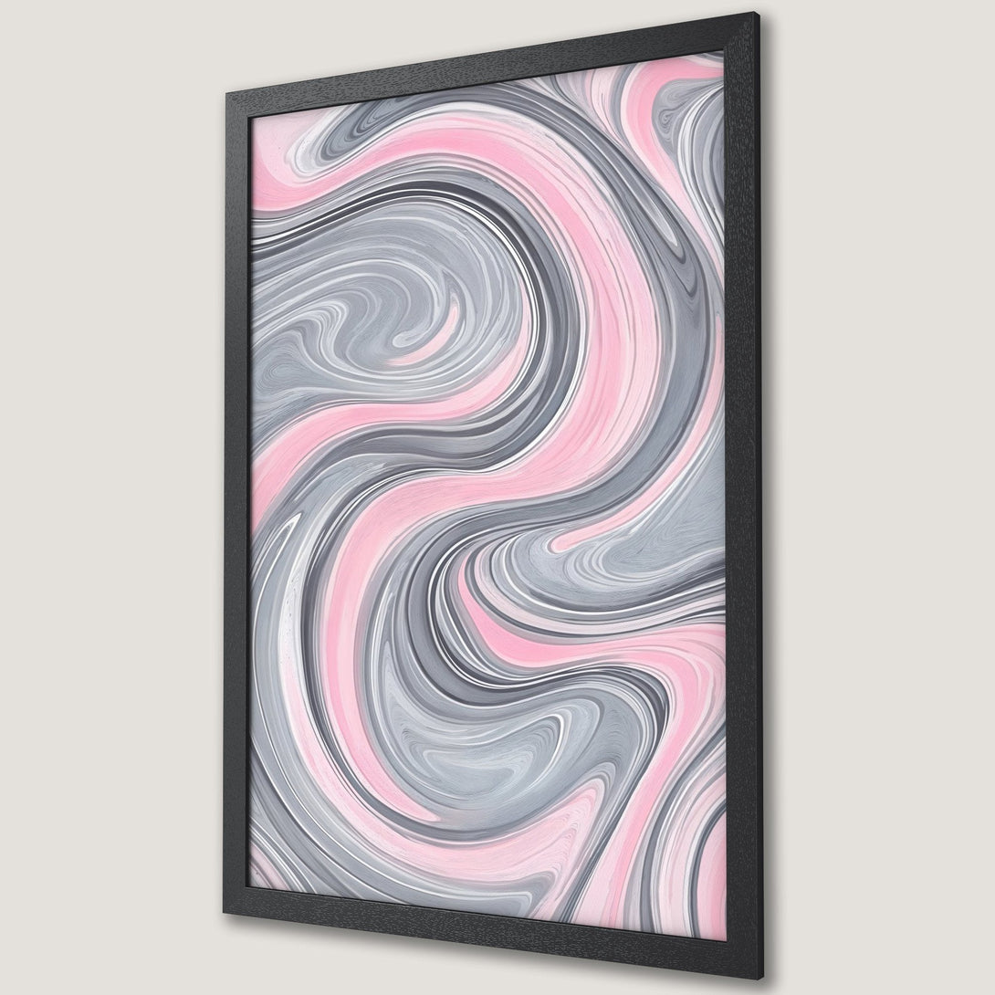Framed Poster featuring abstract swirl design in gray and pink, perfect for modern decor.