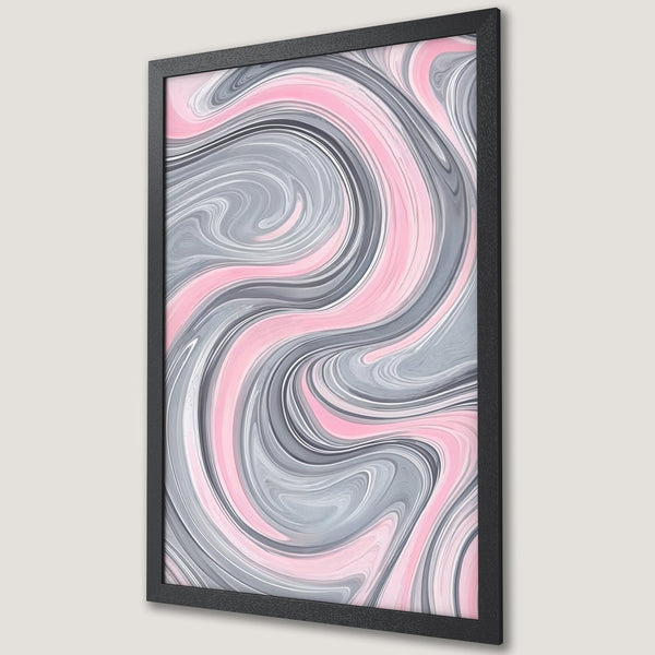 Framed Poster featuring abstract swirl design in gray and pink, perfect for modern decor.