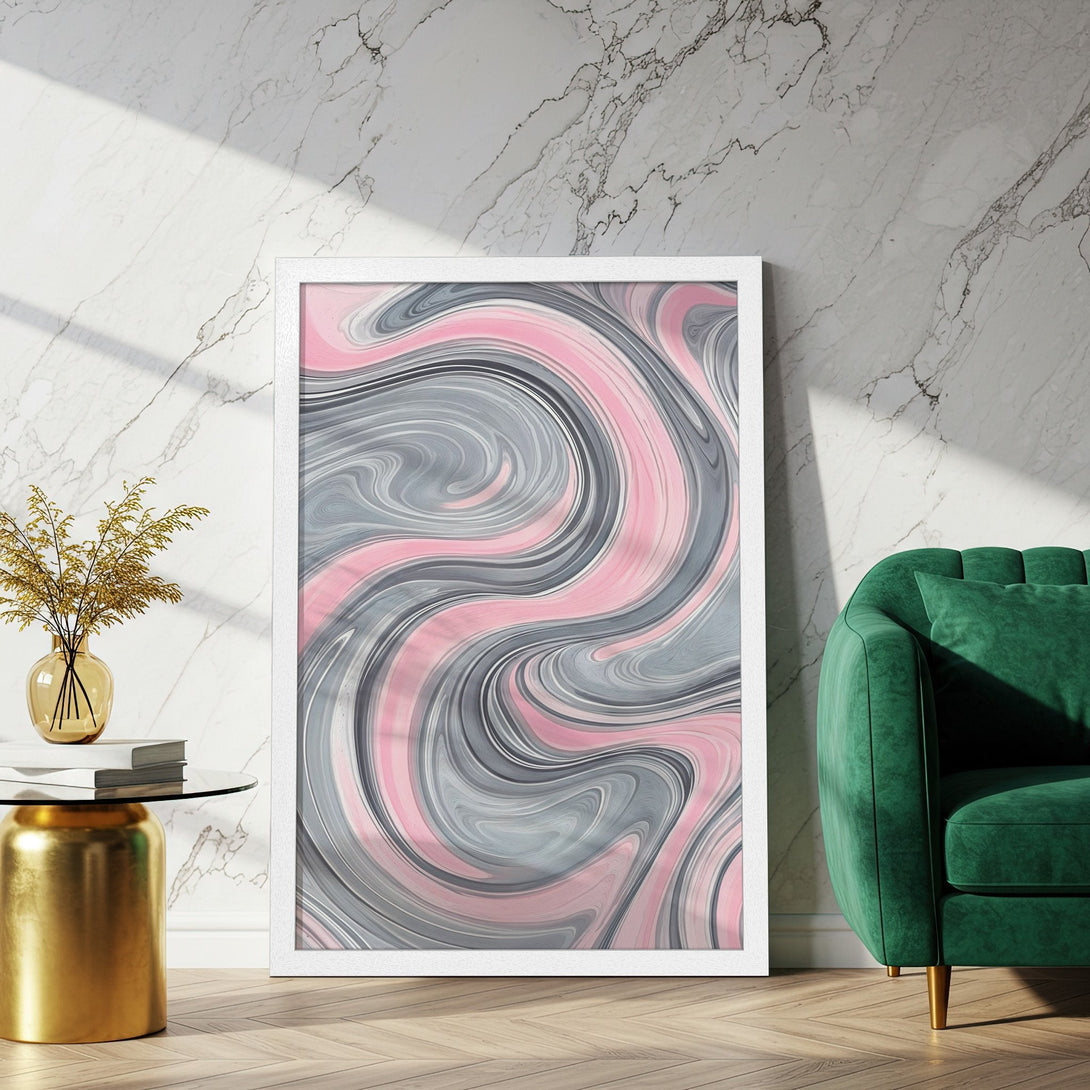 Framed Poster featuring abstract swirl art in pink and gray. Modern wall art for a stylish home.