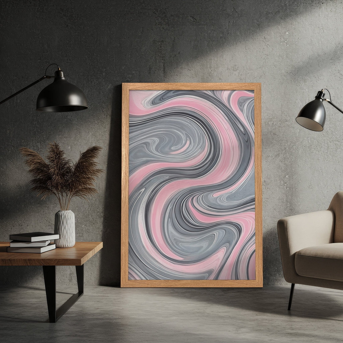 Framed Poster featuring abstract swirl art in pink and gray. Modern wall decor for a stylish living room.