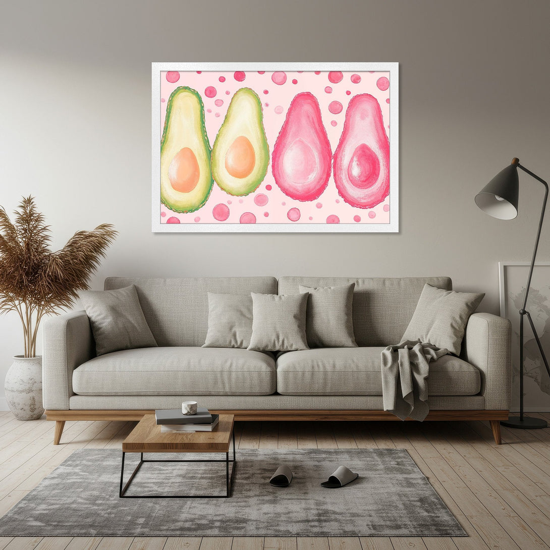 Framed Poster featuring watercolor avocado halves in pink and green, perfect for kitchen decor.