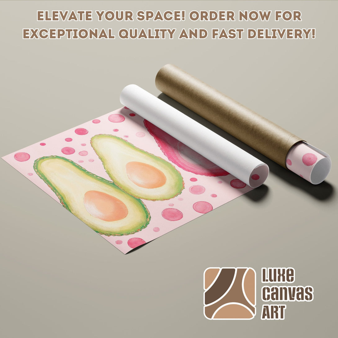 Watercolor avocado Poster Roll in pink and green, perfect for kitchen decor.