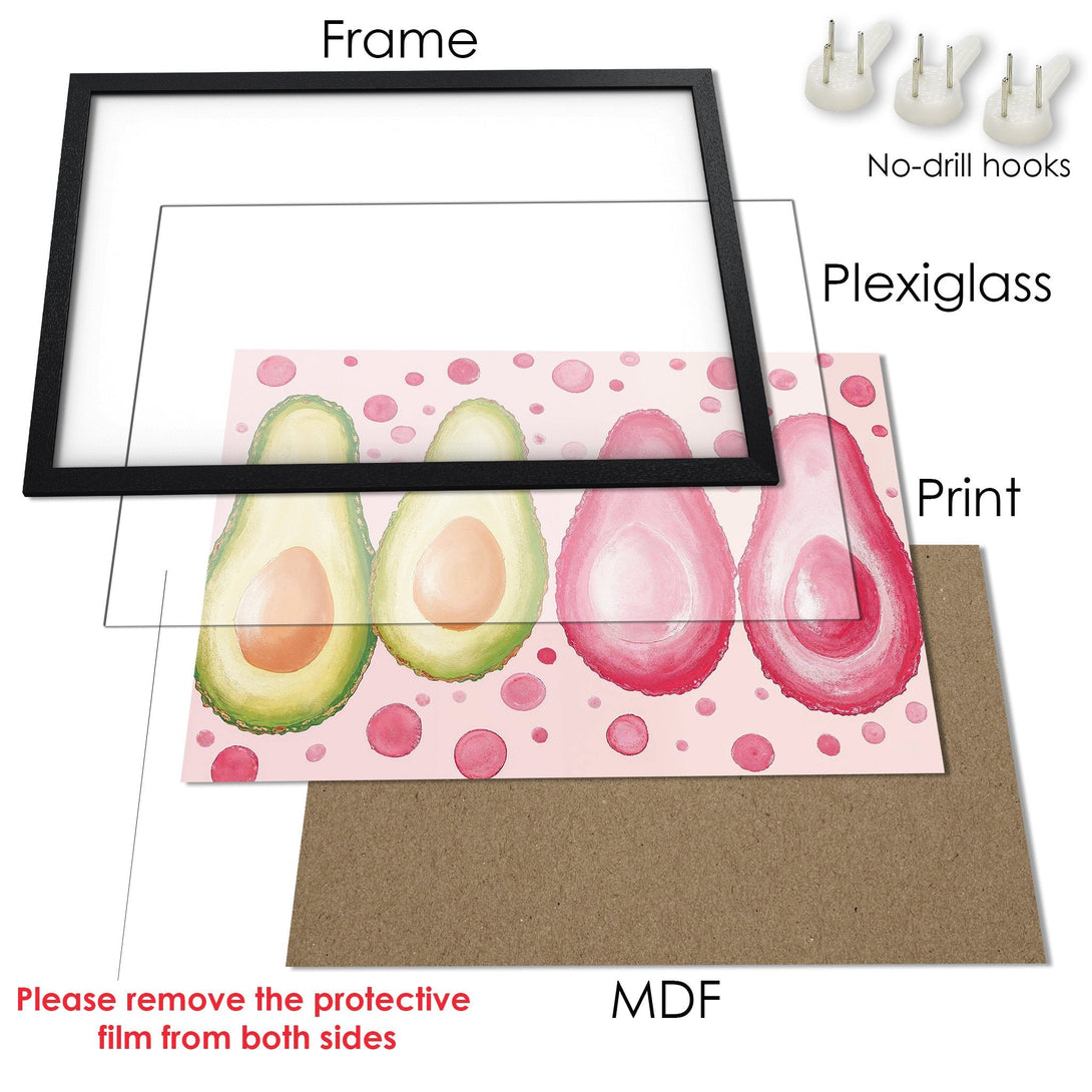 Framed Poster featuring avocado art in a watercolor style with a pink and green color palette. Perfect for kitchen decor!