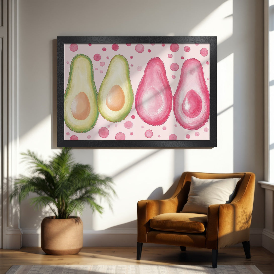 Framed Poster featuring watercolor avocados in pink and green, perfect for kitchen decor. Modern, colorful art.