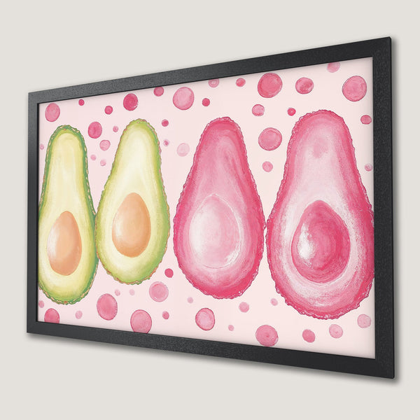 Framed Poster featuring watercolor avocados in pink and green, perfect wall art for kitchen decor.