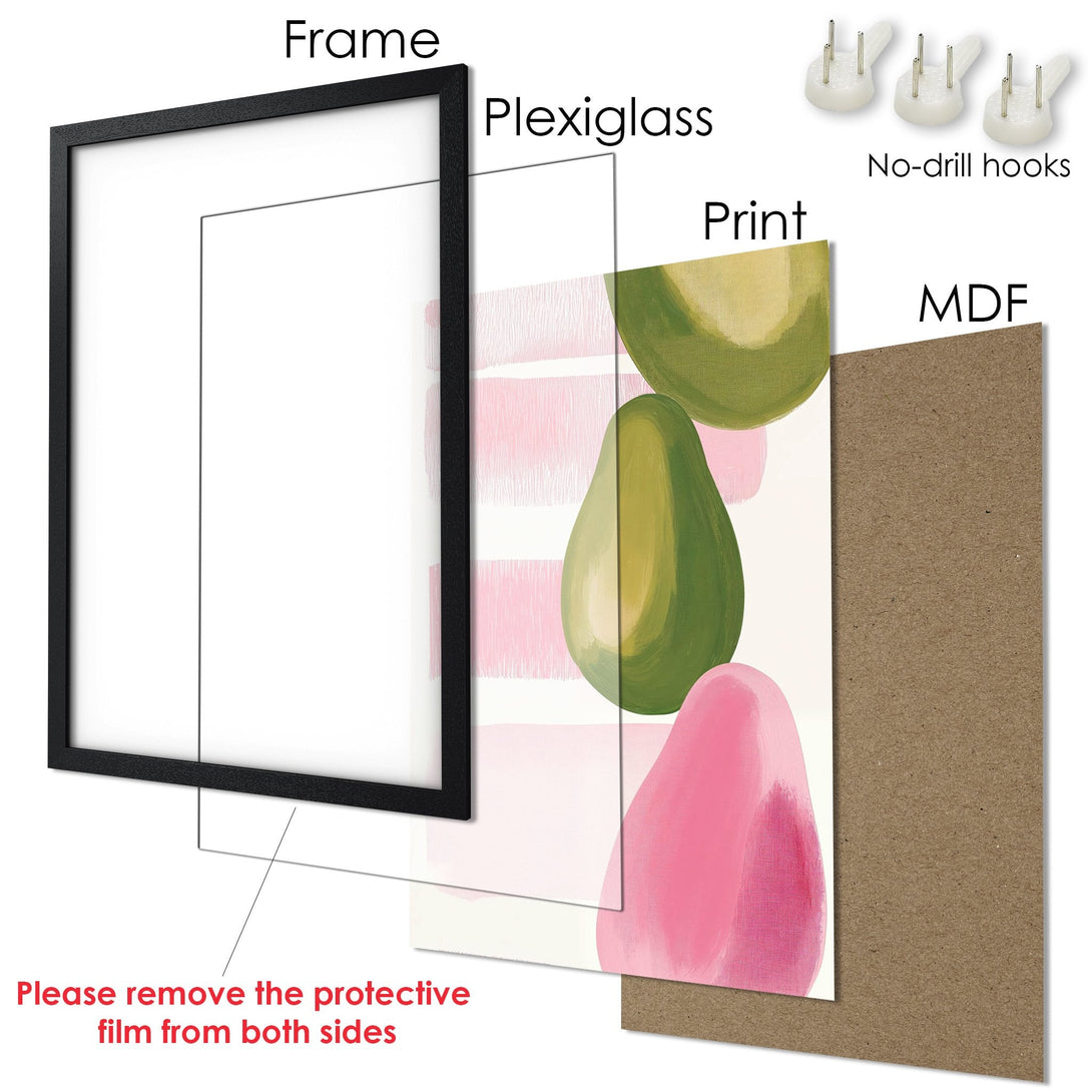 Framed Poster with abstract avocado art. Modern style with green, pink, and neutral tones. Perfect wall decor!