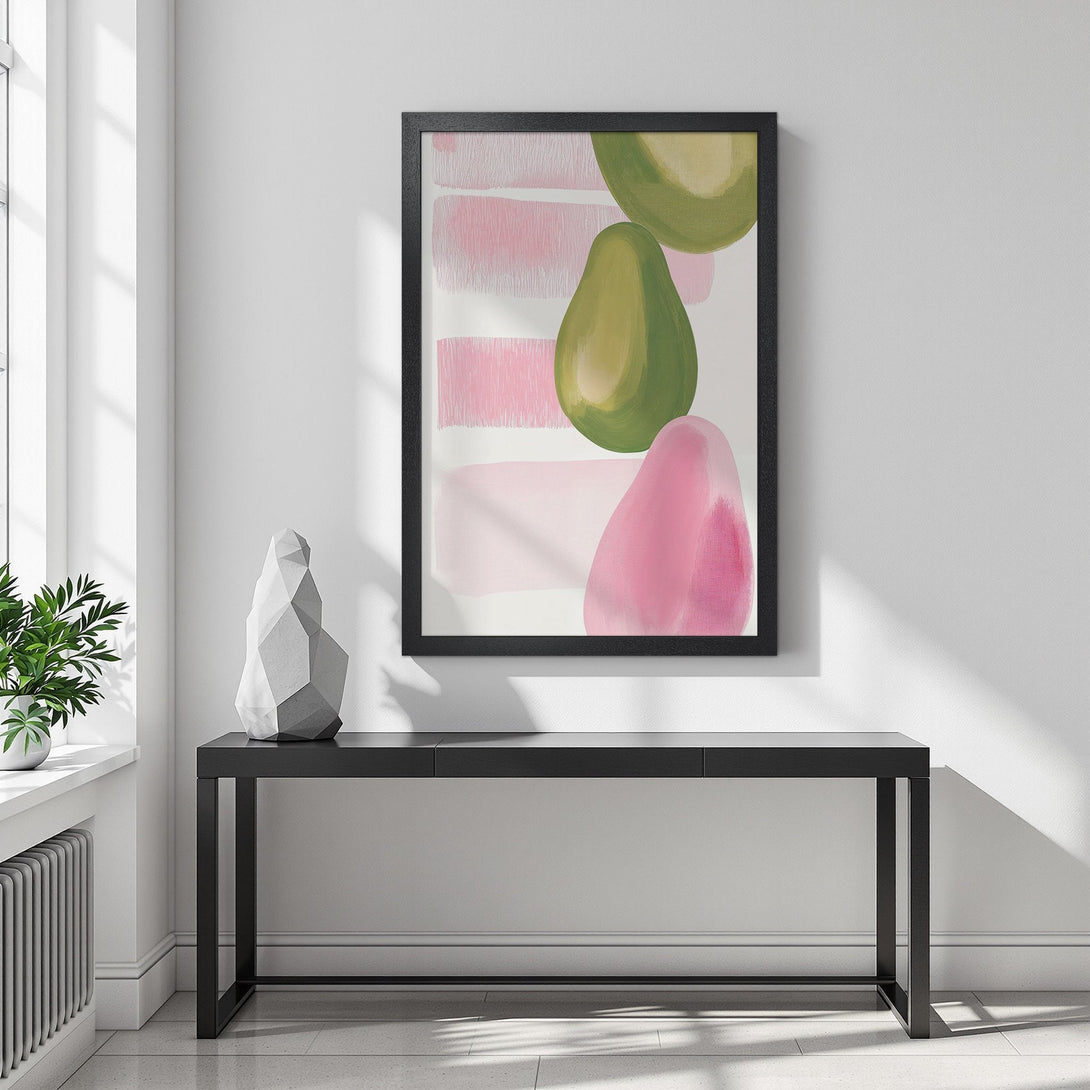 Framed Poster featuring abstract avocado art in pink and green hues. Modern wall decor for any space.
