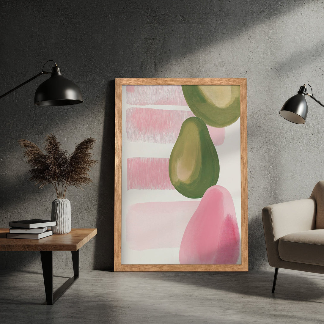 Framed Poster featuring abstract avocado art in a modern style with a soft pink and green color palette. Perfect wall decor!