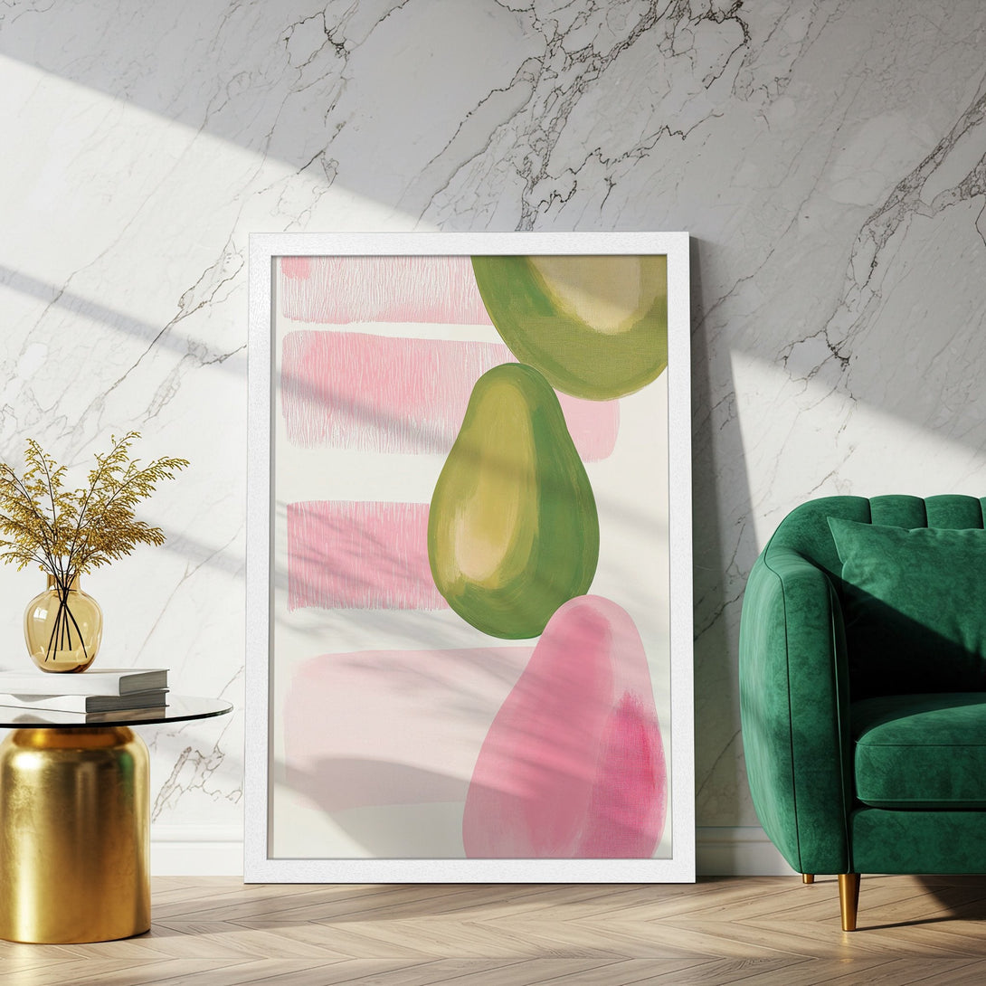 Framed Poster featuring abstract avocado art in pink and green. Modern style, perfect for home decor.