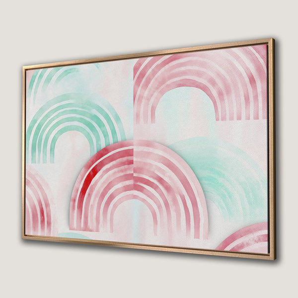 Framed Wall Art featuring watercolor rainbows in pink and teal. Modern abstract design Canvas Print with a calming color palette.