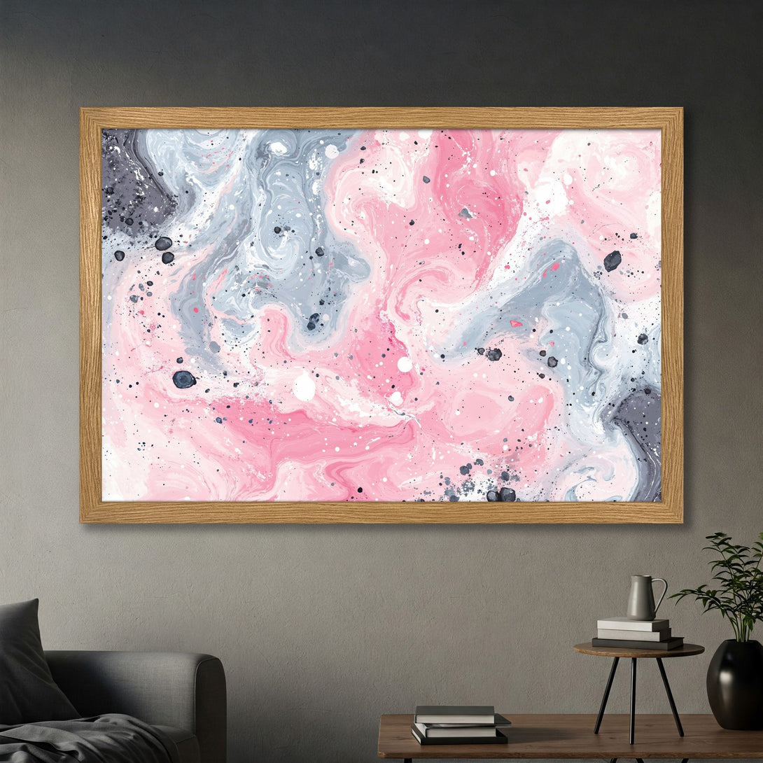 Framed Poster featuring abstract pink and grey marbled art. Modern style, perfect for adding a pop of color to your home decor.