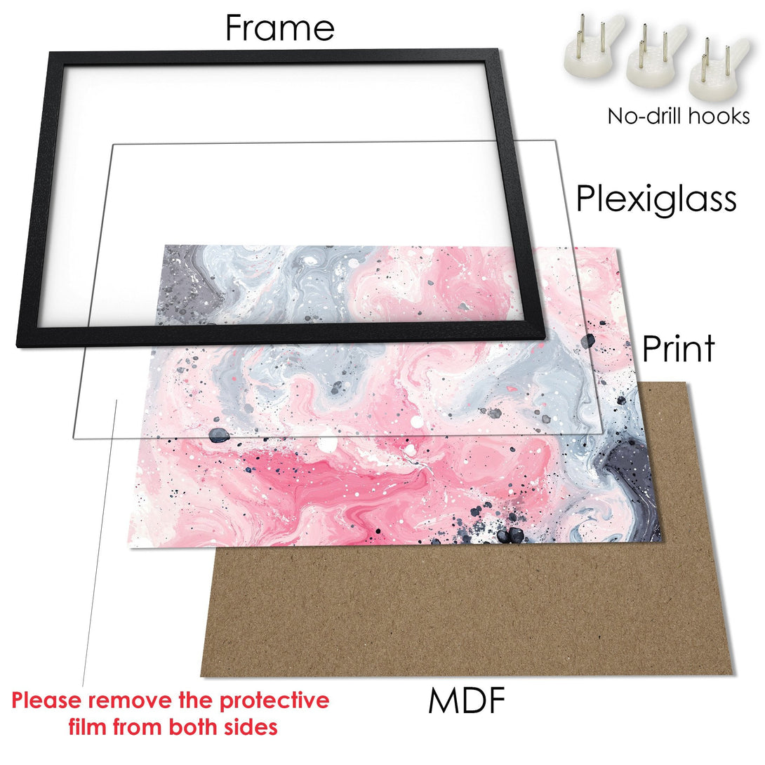 Framed Poster with abstract pink, gray, and white art print. Modern style, ready to hang. Perfect wall decor!