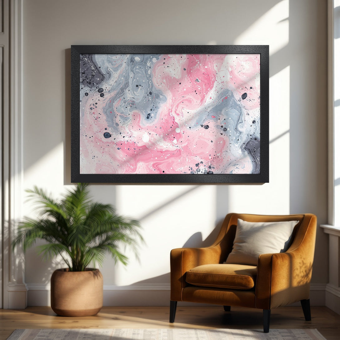 Framed Poster featuring abstract pink, gray, and black art. Modern style, perfect for home decor. Add a pop of color to your space!