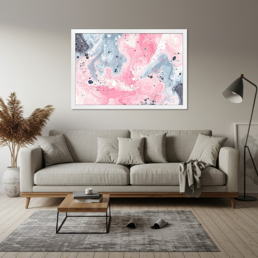 Framed Poster featuring abstract pink, gray, and blue artwork. Modern art print for home decor. Enhance your space with this stylish Poster!