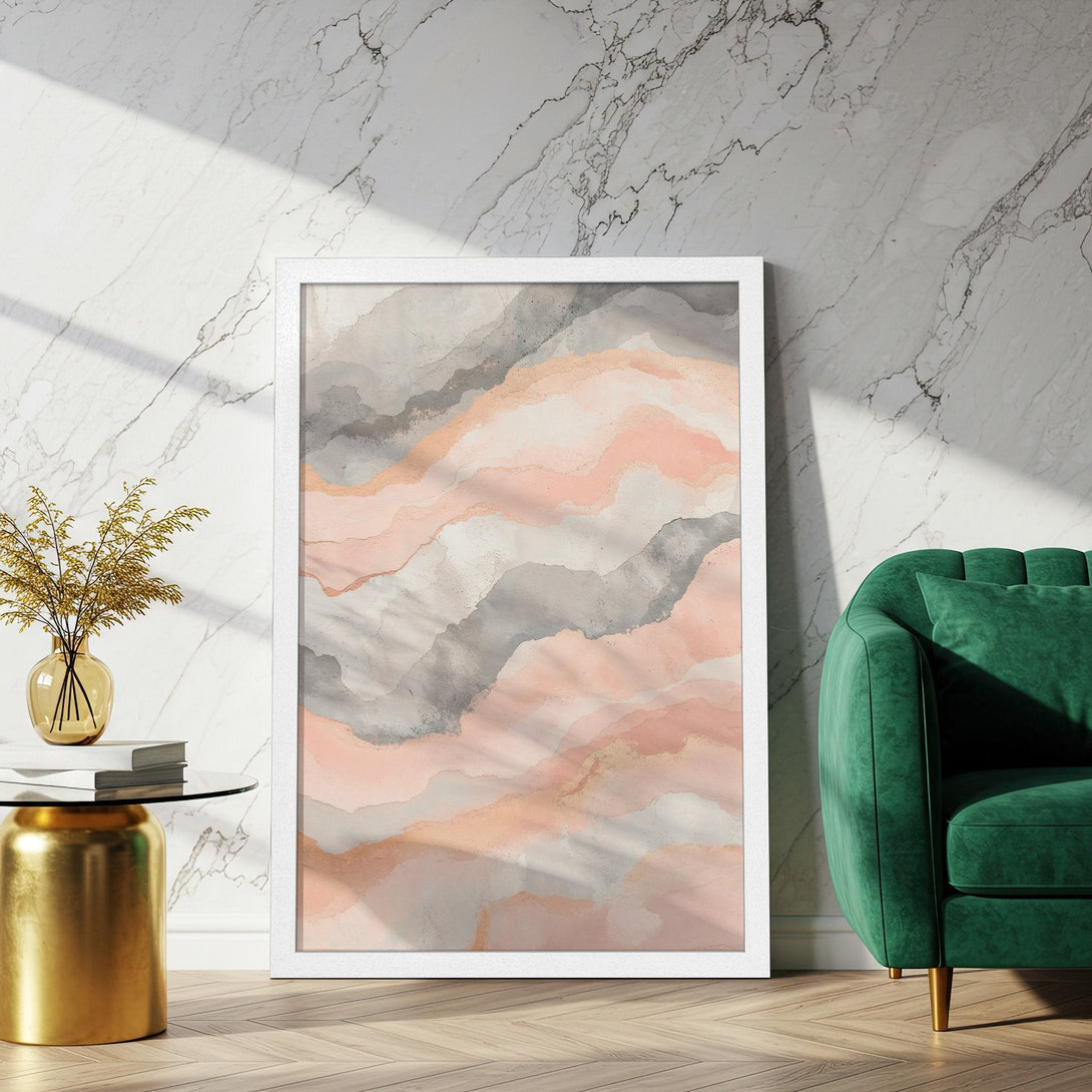 Framed Poster featuring abstract watercolor art in a soft pink, gray, and gold color palette. Modern wall decor for your home.