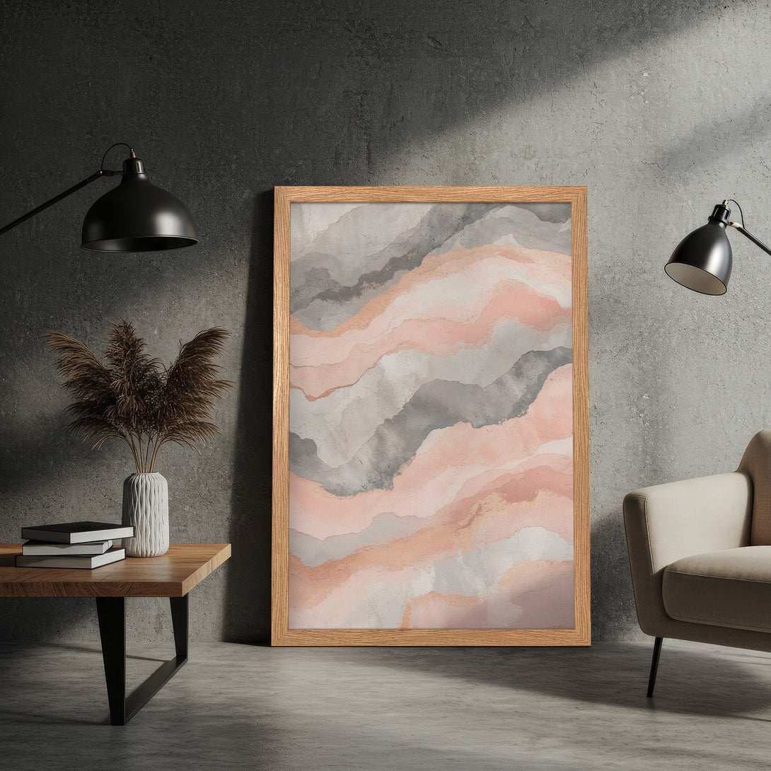 Framed Poster featuring abstract watercolor art in soft pink, gray, and gold tones. Perfect wall art for modern decor.