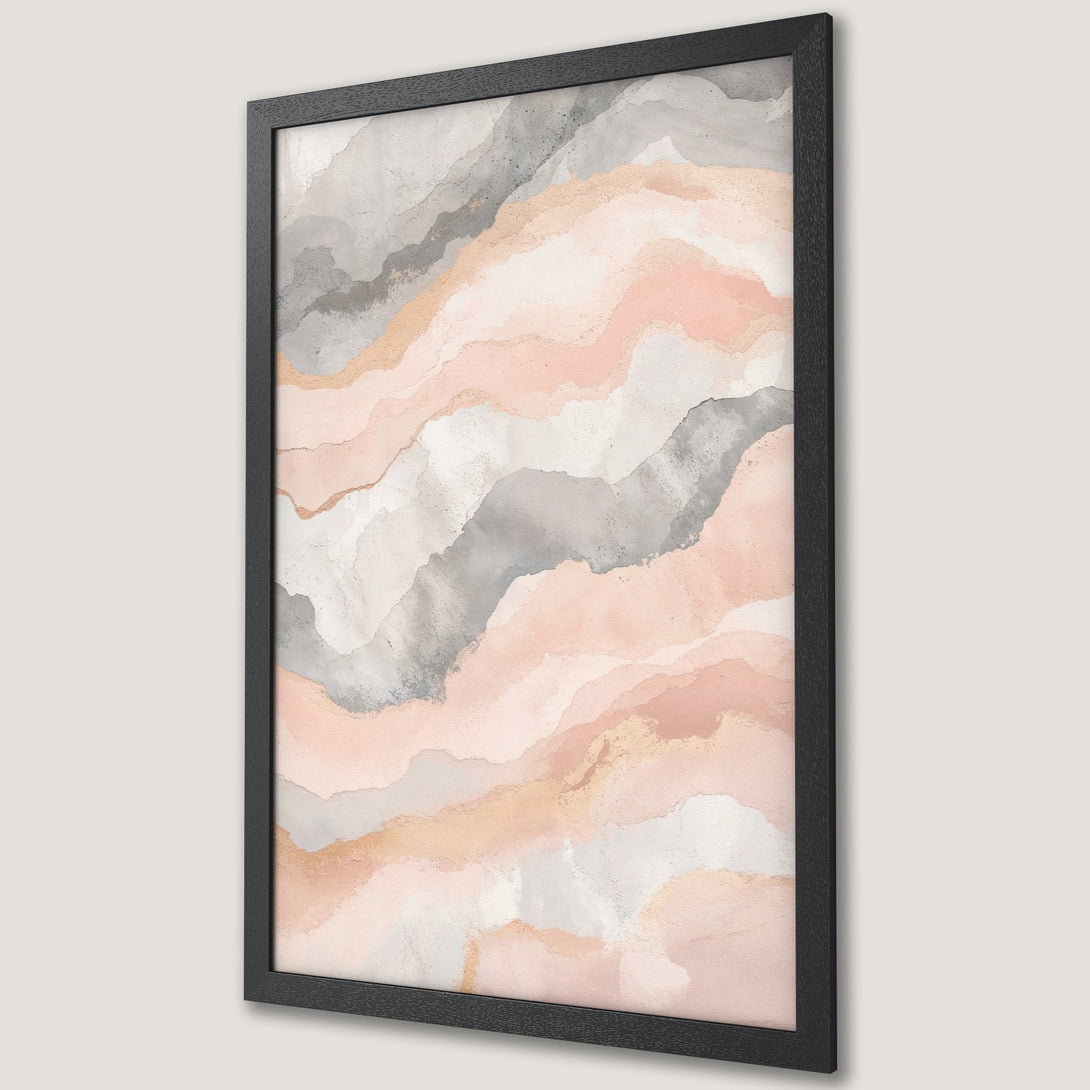 Framed Poster featuring abstract watercolor art in a soft pink, gray, and gold color palette. Perfect wall decor!