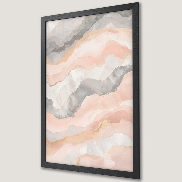 Framed Poster featuring abstract watercolor art in a soft pink, gray, and gold color palette. Perfect wall decor!