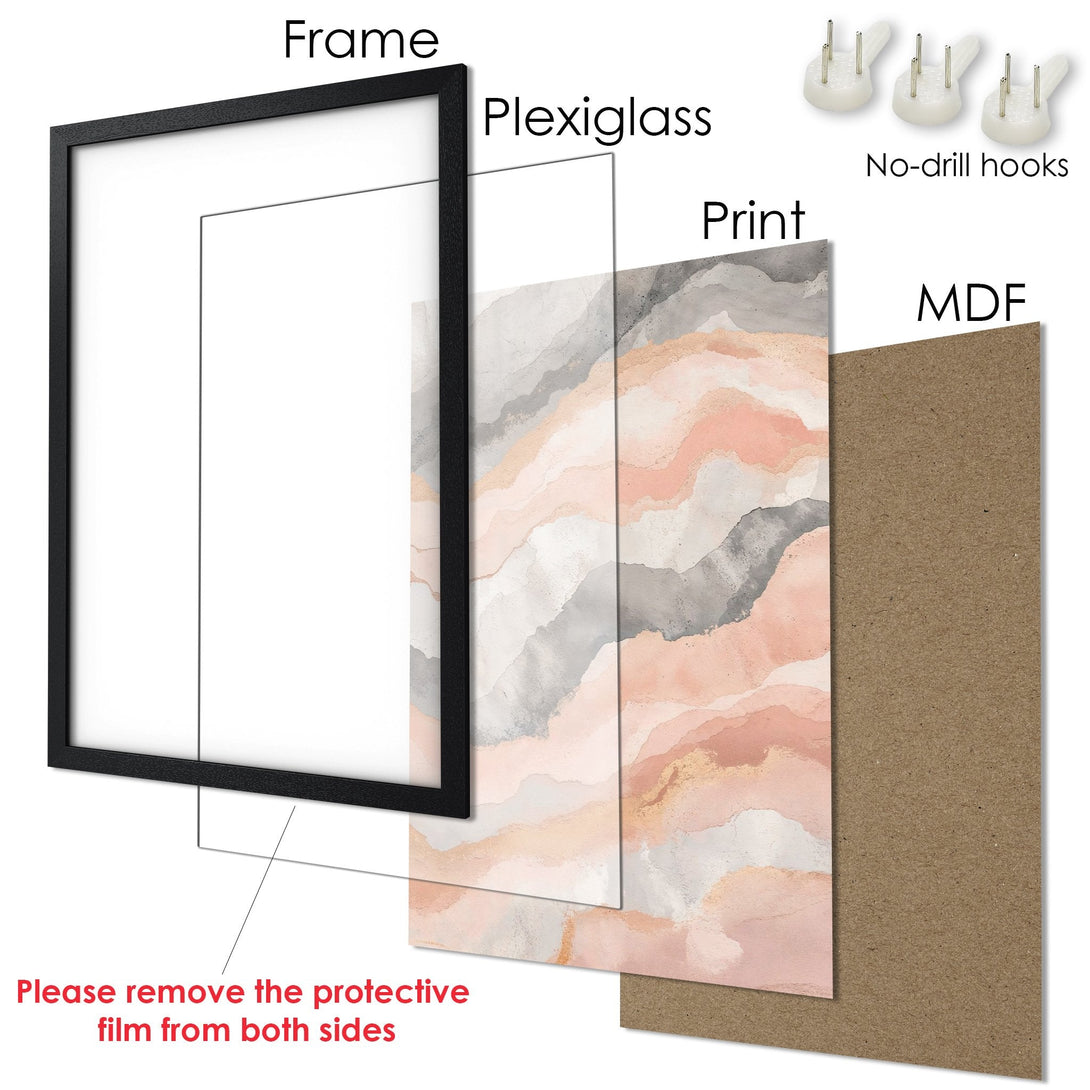 Framed Poster with abstract watercolor art in blush, gray, and gold tones. Modern wall decor for your home.