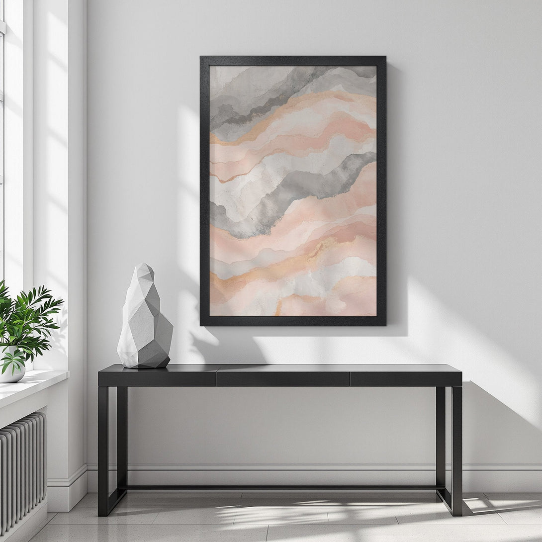 Framed Poster featuring abstract watercolor art in a blush, gray, and gold color palette. Modern wall decor for your home.