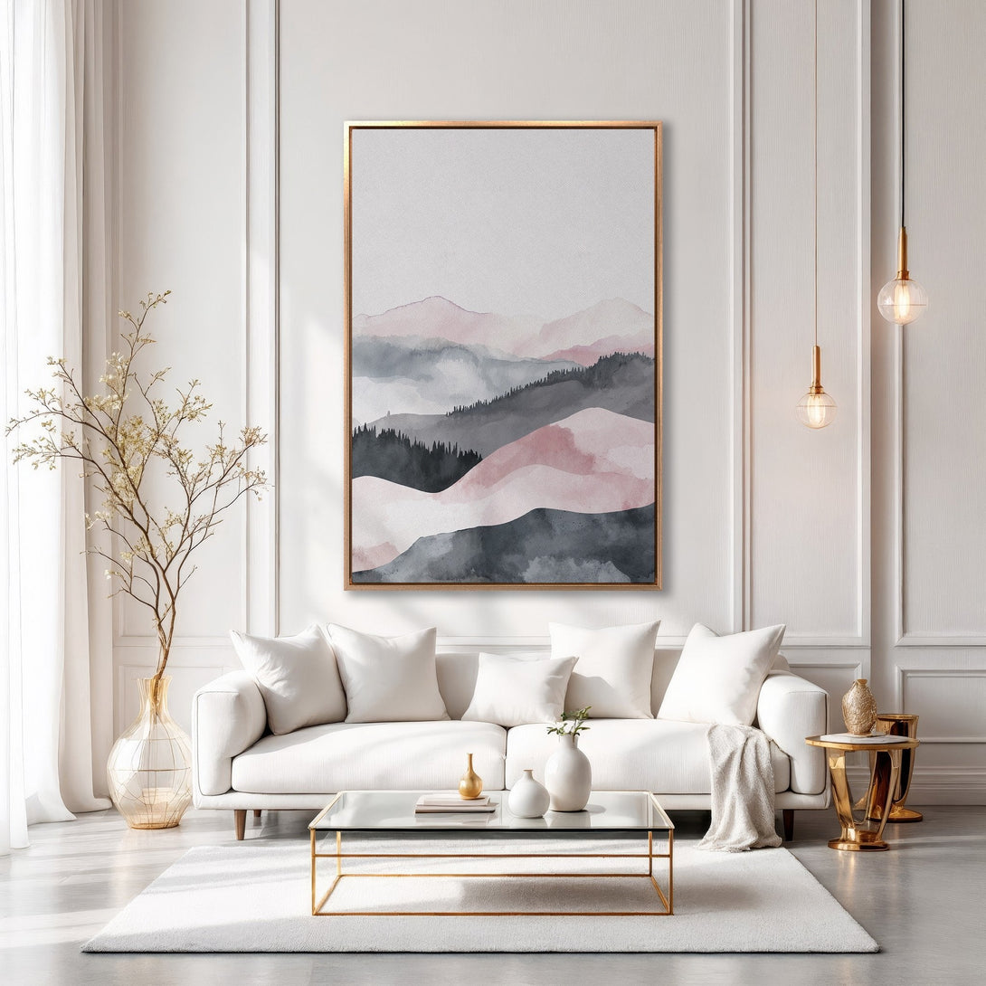 Framed Wall Art: Abstract landscape in blush pink and gray tones. Modern art print adds a touch of elegance to any interior. Shop now!