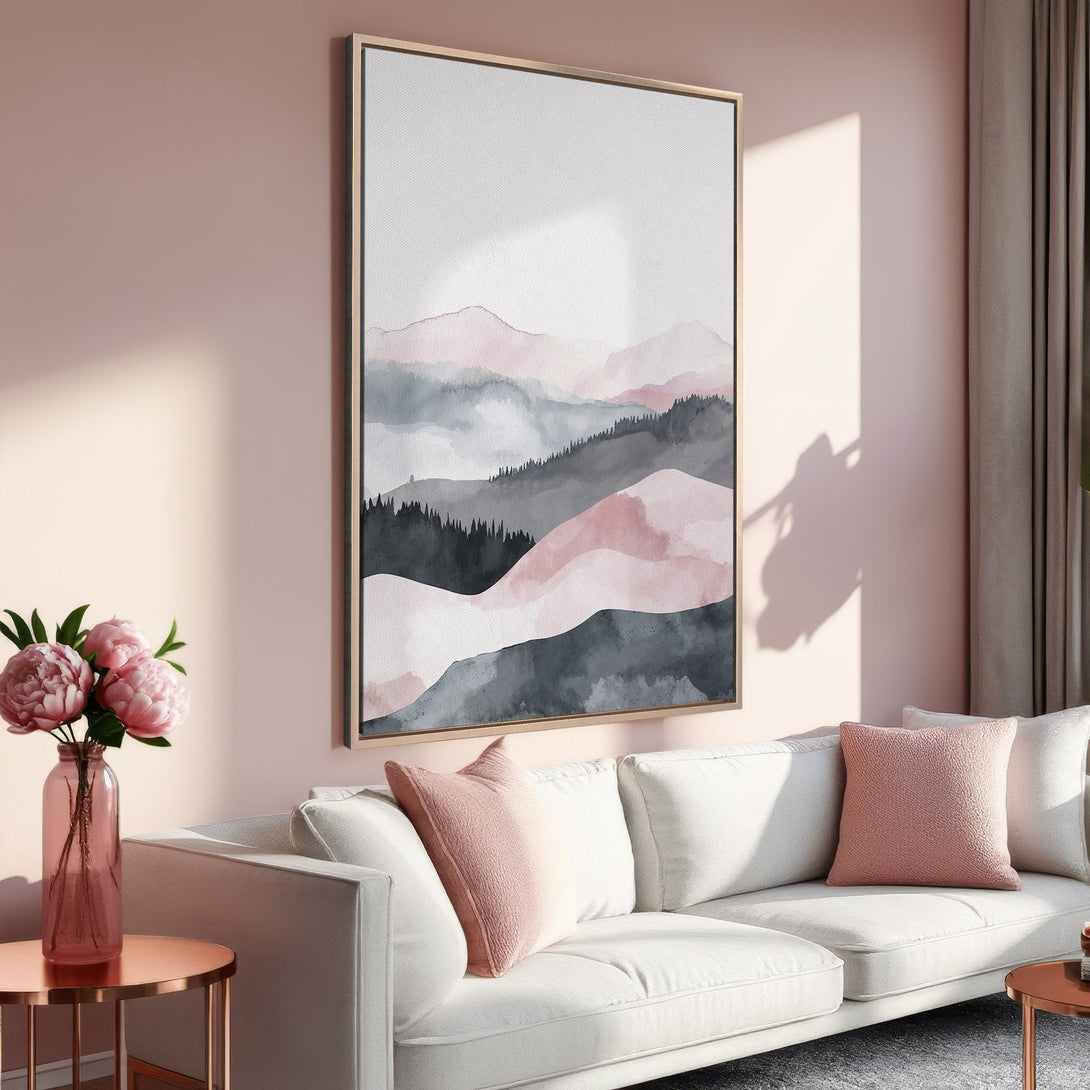 Framed Wall Art: Watercolor mountain landscape in blush pink and gray tones. Modern art for a serene living room.