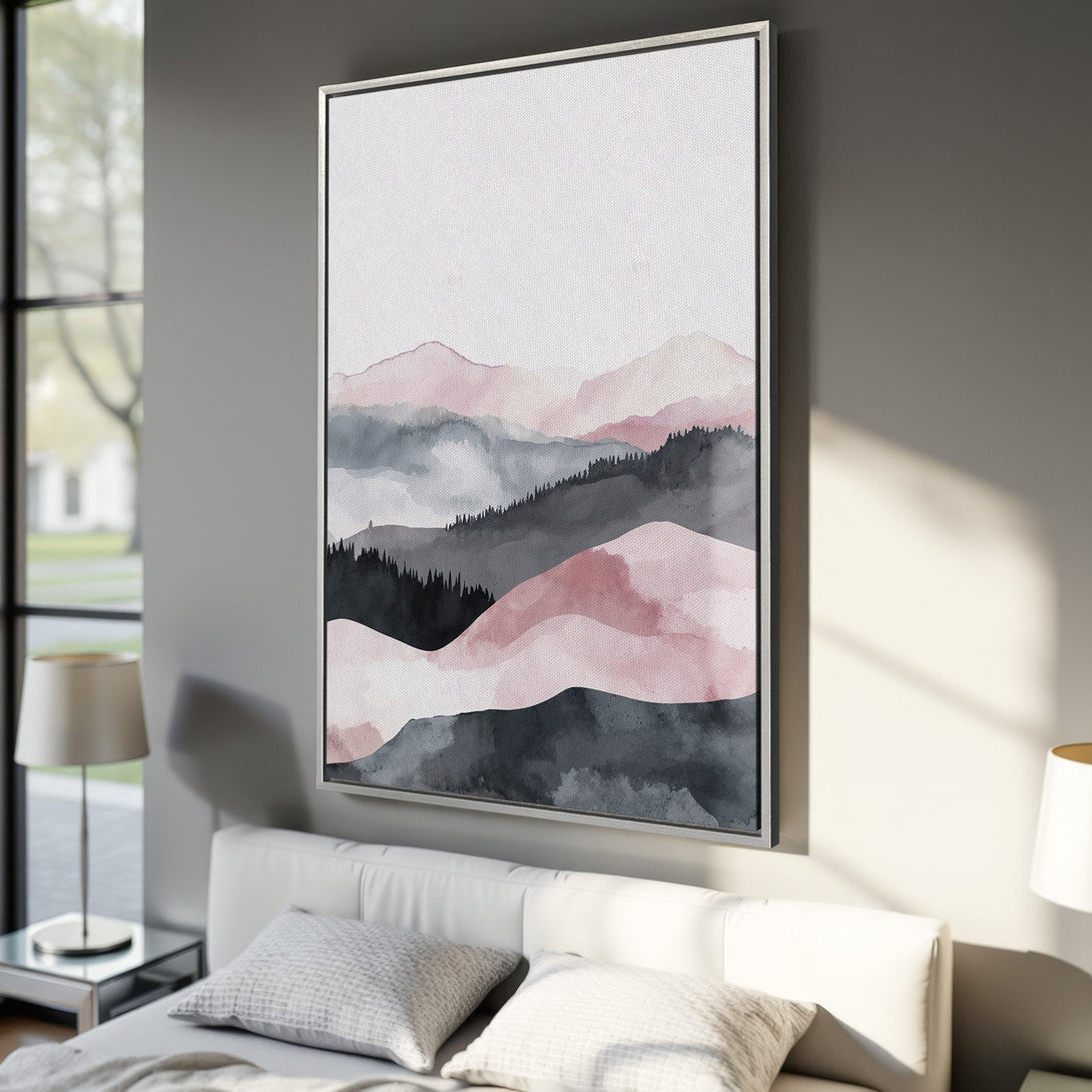 Framed Wall Art: Abstract watercolor mountain landscape in pink, gray, and black. Modern art for home decor. Canvas Print in a bedroom setting.