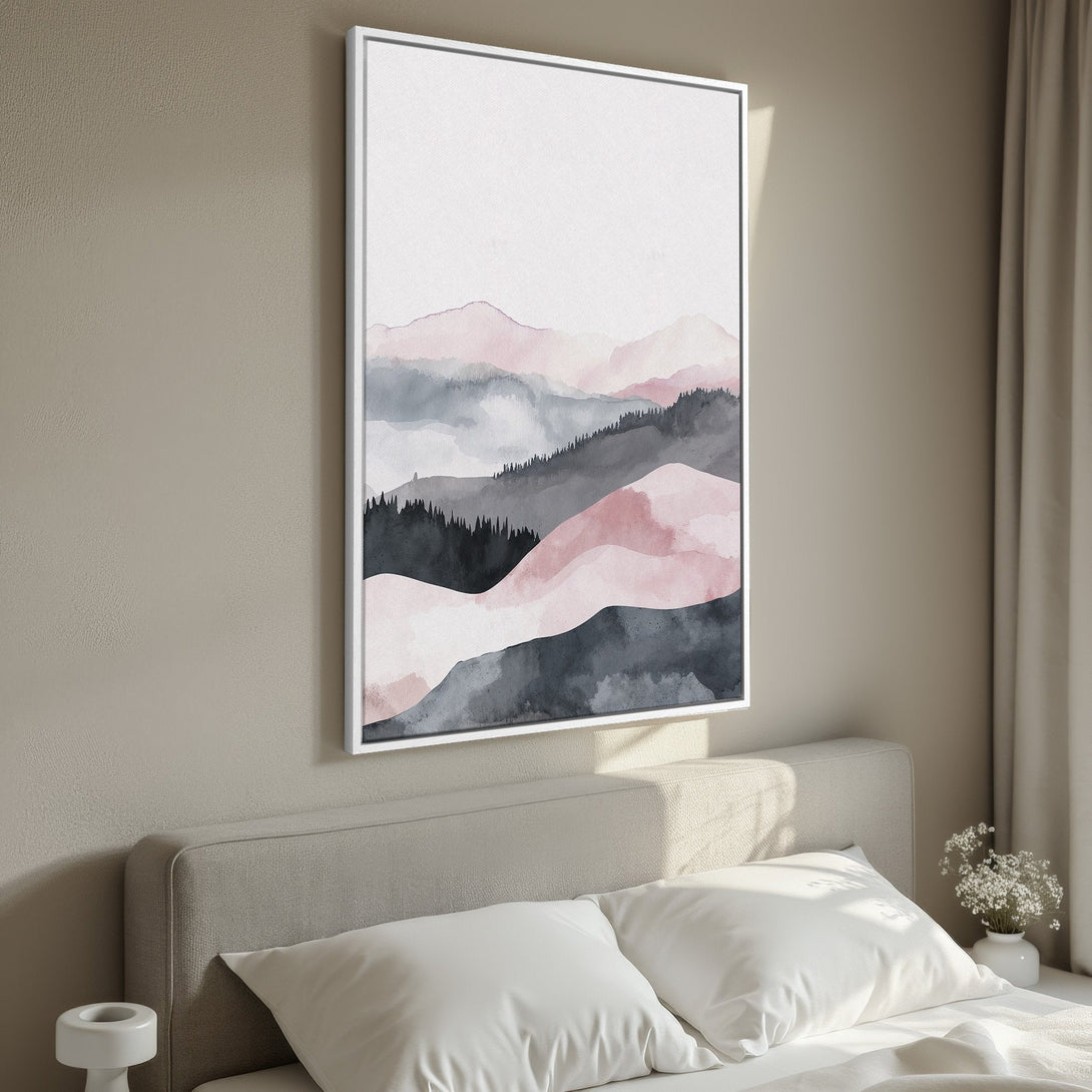 Framed Wall Art featuring a watercolor mountain landscape in muted pink, gray, and black tones. Perfect for adding a touch of serenity to your bedroom decor.