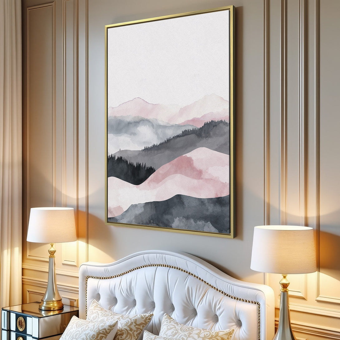Canvas Print of a watercolor mountain landscape in a modern interior. Features a soft pink, gray, and white color palette for a calming aesthetic.