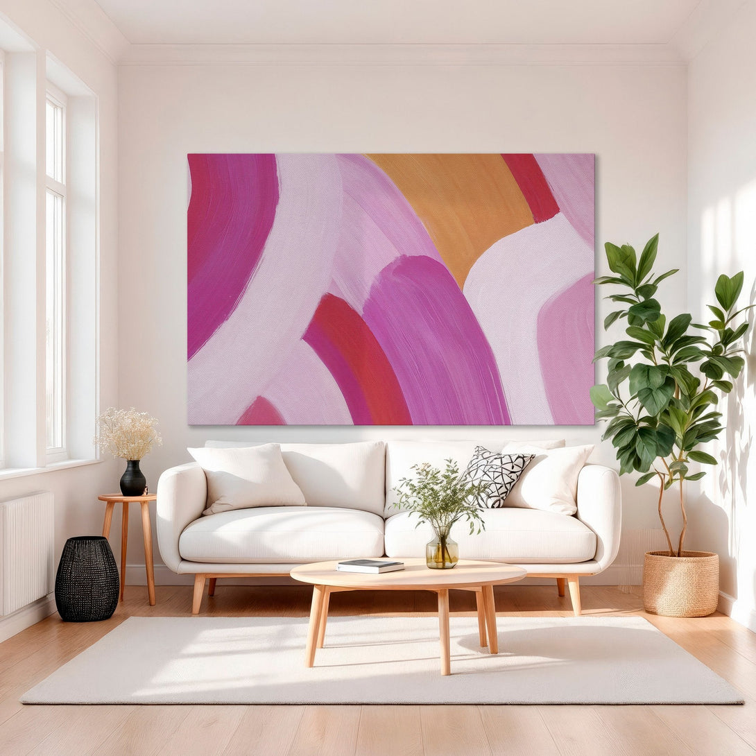 Framed Wall Art: Abstract pink & orange brushstroke design. Modern canvas print adds a pop of color to any space. Perfect for living rooms & bedrooms.