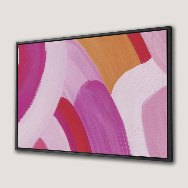 Framed Wall Art featuring abstract brushstrokes in pink, red, and orange hues. Modern art canvas print to brighten any space.