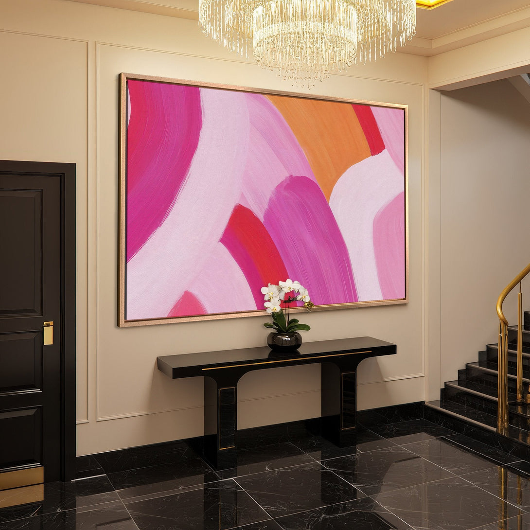 Framed Wall Art: Abstract pink and orange brushstroke Canvas Print. Adds a pop of color and modern style to any interior.